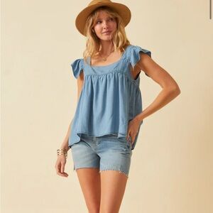 Hayden Los Angeles Tencel Square Neck Ruffle Cap Sleeve Top Light Denim Medium